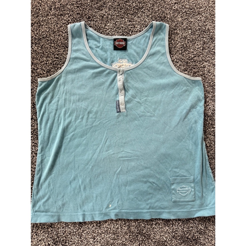 Vintage Harley Davidson Henley Tank Top Y2K Teal Blue Zooks Des Moines IA Womens